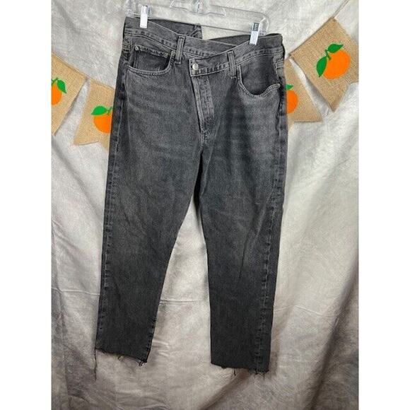 Agolde Denim - AGOLDE Criss Cross High Rise Straight Jeans in Shambles Black Distressed 31